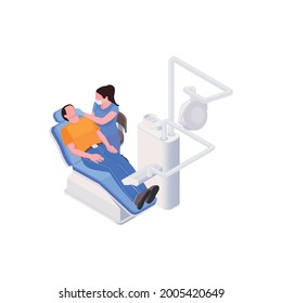 Female dentist and her patient at stomatology clinic isometric icon vector illustration