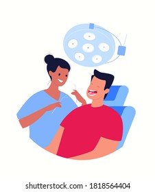 A female dentist holds instruments for examining a patient's teeth. The patient sits in the dentist's chair with his mouth open. Dentistry and healthcare concept. Vector flat cartoon illustration.