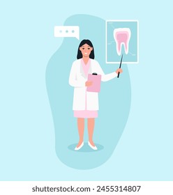 A female dentist in a medical gown points to a poster with a picture of a tooth. Flat vector illustration.