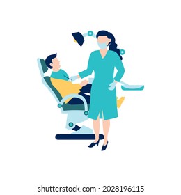 Female dentist performing an examination and treatment. Dental chair, dental treatment, whitening and orthotics.  Vector flat illustration, cartoon style.