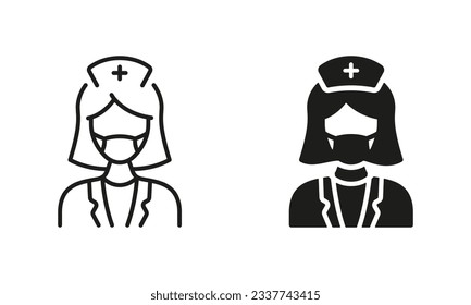 Female Dentist Symbol. Surgeon Sign. Physician, Orthodontist, Endodontist Black Pictogram Collection. Dental Doctor Woman in Face Mask Silhouette and Line Icon Set. Isolated Vector Illustration.