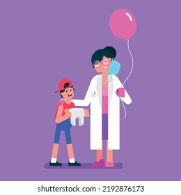 Female dentist wear mask and holding a big balloon to give it to a child after he take off a tooth, woman dentist praise on child, Flat avatar vector illustration