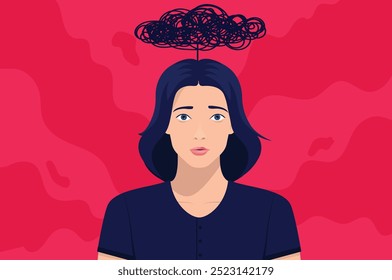 Female depression - Depressed woman with sad face and dark cloud hanging above head. Negative thoughts and mental health issues concept vector illustration