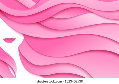 Female design template. Abstract paper girl with long pink hair. Vector illustration