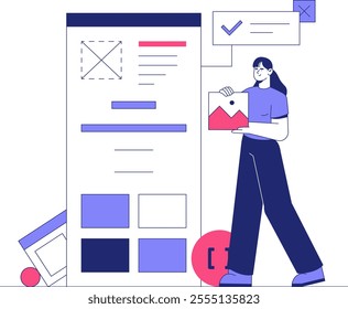 Female Designer Arranging Website Layout In Flat Vector Illustration Symbolizing Web Design, Creative Workflow, And UI Development, Isolated On White Background.