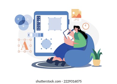 Diseño de dibujo de diseñadora femenina con tablet