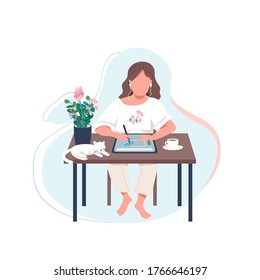 Female designer flat color vector faceless character. Woman draw on digital tablet. Artist make artwork with device. Online tutorial isolated cartoon illustration for web graphic design and animation