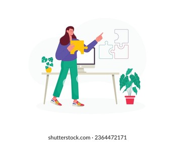 a female designer is standing while carrying puzzle pieces, in front of her there is a puzzle that is not yet complete, and she is about to complete it, flat design, vector illustration