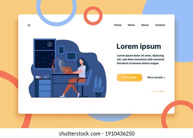 Female designer working late in room flat vector illustration. Cartoon student using laptop computer at night and sitting at desk. Home office and workplace concept