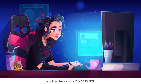 Female designer working on computer at night. Vector cartoon illustration of young smm woman writing notes, drawing illustrations, editing content. Student girl studying in dark room. Freelance job