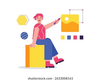 Female designer working on her project, a creative space. Character design. Vector flat illustration