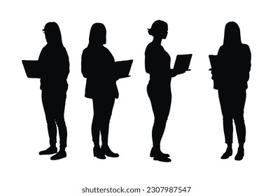 Female designers and employees standing in different position silhouette set vector. Girl designer with anonymous faces. Businesswoman with laptop silhouette collection. Designer girl silhouette.