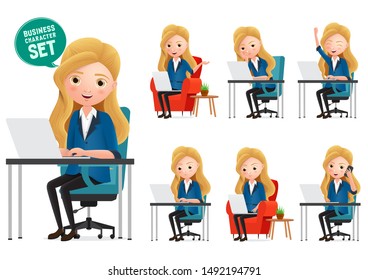 Female desk characters vector set. Business woman manager characters working in office desk while sitting and typing in laptop isolated in white background. Vector illustration. 