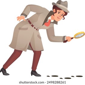 Female detective look on foot trail with magnifying glass isolated on white background