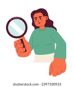 Female detective magnifying glass 2D cartoon character. Researcher young woman south asian isolated vector person white background. Indian lady looking through loupe color flat spot illustration