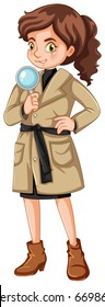 Female detective with magnifying glass illustration