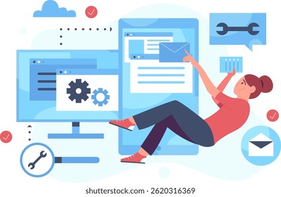 Female developer fixing the system Illustration
