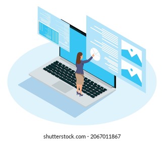 female developer in laptop character