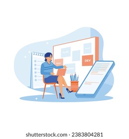 Female IT developer sitting on a chair at work. Developing his cell phone software using a laptop computer. APP devs concept. trend modern vector flat illustration