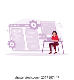 Desarrolladora de TI que trabaja en aplicaciones de software de programación de portátiles. Concepto de programadores. Ilustración plana vectorial moderna de tendencia