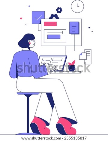 Female Developer Working On Laptop In Flat Vector Illustration Symbolizing Programming, Creativity, And Productivity, Isolated On White Background.