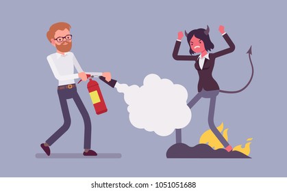 Female devil exorcism. Expulsion of an evil spirit from a lady with a fire extinguisher, driving out a demon rite, ritual or spiritual beliefs ceremony. Vector flat style cartoon illustration