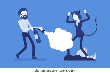 Female devil exorcism. Expulsion of an evil spirit from a lady with a fire extinguisher, driving out a demon rite, ritual or spiritual beliefs ceremony. Vector illustration with faceless characters