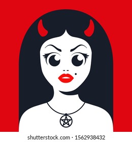 female devil with horns with satanic star decoration on the neck. Flat character vector illustration.