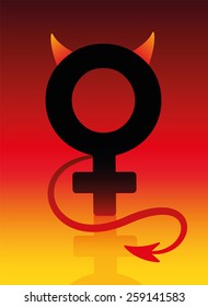 Female devil sign with tails and horns on blazing background as a symbol for a bad girl. Vector illustration.