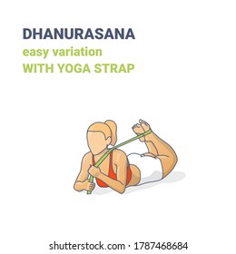 Female Dhanurasana Easy Variation with Yoga Strap Illustration. Colorful Concept of Bow Yoga Pose.