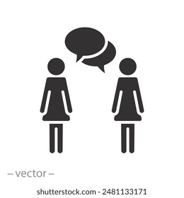 female dialogue icon, two talking women, conversation, exchange opinion, bubble speech, flat symbol on white background - vector illustration