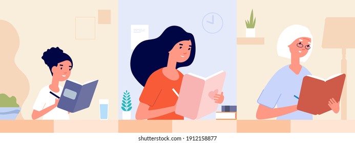 Female Diary. Women Write Journal. Modern Girl Woman And Old Lady Writing Memories. Different Ages Students, Self Education Or Drawing In Sketch Book Vector Concept