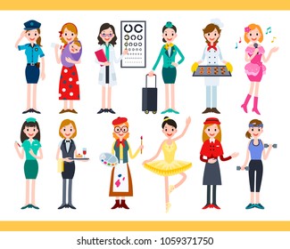 Female in different careers, collection of lovely diverse jobs in flat design