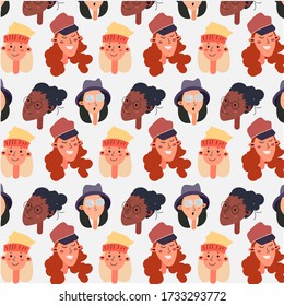 Female different faces of different ethnic  pattern. Women's faces pattern different nationalities in cartoon style .Vector