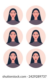 Female with different facial expressions. Young woman is confusing, crying, smiling, scared, angry and laughing. Vector illustration