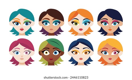 Female different style of head collection set isolated flat pro vector on white background
