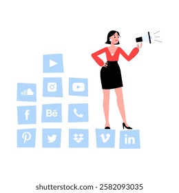 Female Digital Marketer With Megaphone Standing on Social Media Icons. Flat Vector Illustration Of Online Advertising, Social Media Strategy, and Influencer Marketing, Isolated on White