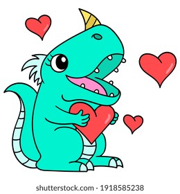 Female Dinosaur Is In Love During Valentine Moment, Doodle Draw Kawaii. Vector Illustration Art