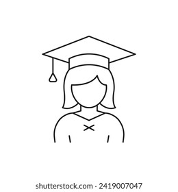 Female diploma. Woman with graduation cap icon line style isolated on white background. Vector illustration