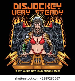 A female disc jockey is a woman who has the ability to arrange and play songs on LPs or turntables. there is a woman playing a disc jockey mixer with a super large speaker stand
