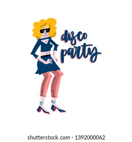 Female disco dancer girl flat hand drawn vector illustration with hand drawn lettering - disco party. Dance girl cartoon character.  