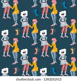 Female disco dancer girls and cellular mobile phone flat hand drawn seamless pattern. Vector disco party  illustration. Dance girls cartoon character. 
