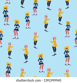 Female disco dancer girls flat hand drawn seamless pattern. Vector disco party  illustration. Dance girls cartoon character. 