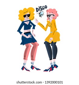 Female disco dancer girls flat hand drawn vector illustration with hand drawn lettering - disco. Dance girls cartoon character. 