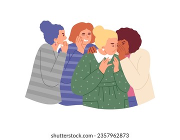 Female discussion meeting, gossip together. Women group telling, whispering secrets cover mouth. Surprised shocked person listening to rumors from colleague, friend. Flat vector isolated illustration