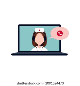 Female Dispatcher On Laptop Screen, Vector Illustration, Online Consultation, Support, Appointment, Ambulance. 