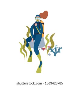 Female diver flat vector character illustration. Scuba diving hobby. Cartoon woman exploring ocean bottom with mask and aqualung isolated on white background. Active recreation, underwater swimming.