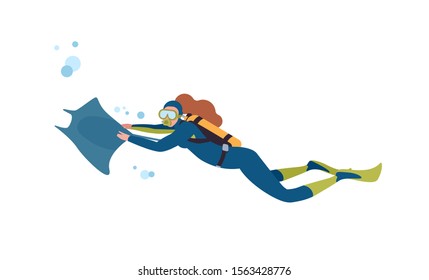 Female diver flat vector illustration. Woman swimming with stingray, exploring underwater world with mask and aqualung isolated on white background. Scuba diving hobby. Active recreation.