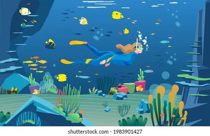 a female diver is snorkeling in the sea with a very beautiful sea view. lots of coral reefs, fish and sea plants. used for website image, poster image and other