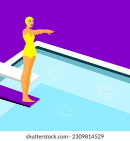 Female diver standing on diving board, preparing to jump. Athlete taking part in high Diving competition. Swimmer in swimsuit jumping from platform. Summer holiday sport activity. Vector flat cartoon.